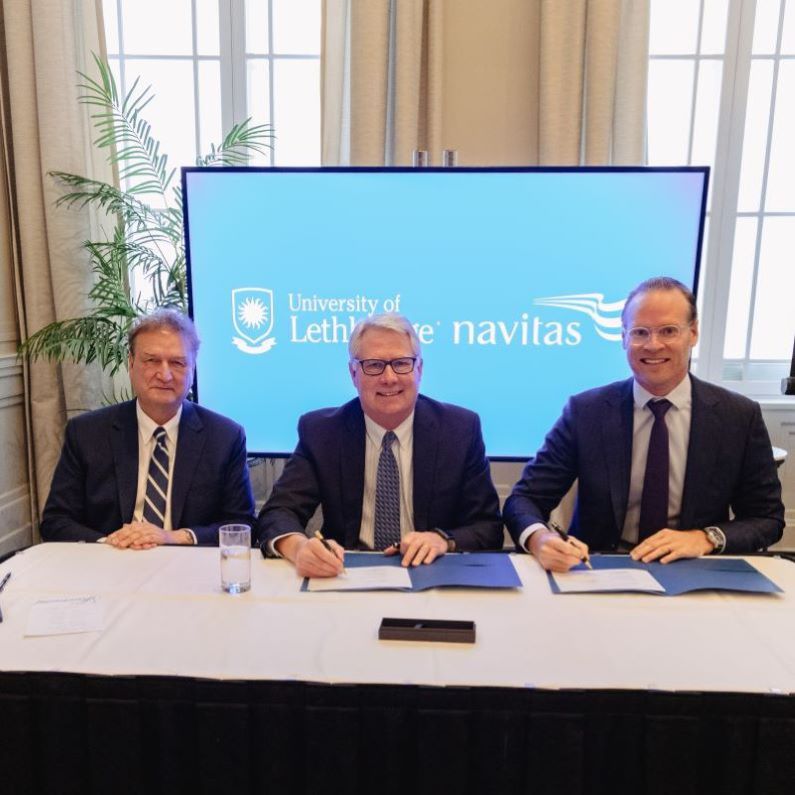 First photo (12): Navitas North America CEO Dr. Brian Stevenson joins University of Lethbridge President and Vice-Chancellor Dr. Michael Mahon and Navitas Group CEO Scott Jones in signing a partnership agreement to create the ULethbridge International College Calgary on March 13, 2023.